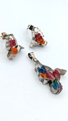 Vintage Pendant Earring SET Hummingbirds Sterling Silver Dried Flower