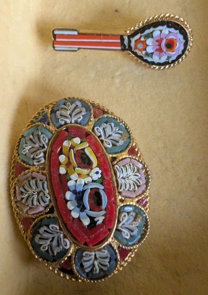 Vintage Italian Micro Mosaic Brooch Lot Millefiori Mandolin Pin Floral Italy 2PC