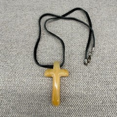 Vintage Cross Necklace Christian Stone Pendant Black Leather Chain 18”