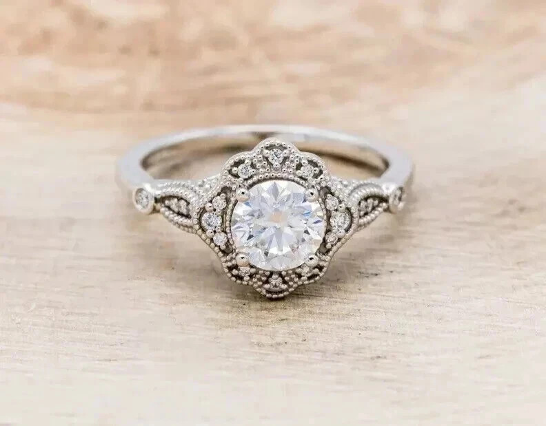 1.25Ct Art Deco Round Lab Created Diamond 14K White Gold FN Engagement Gift Ring