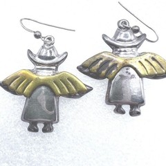 Vtg Sterling Silver Mexico Cowboy Angel Dangle Earrings Two Tone Wings Hat