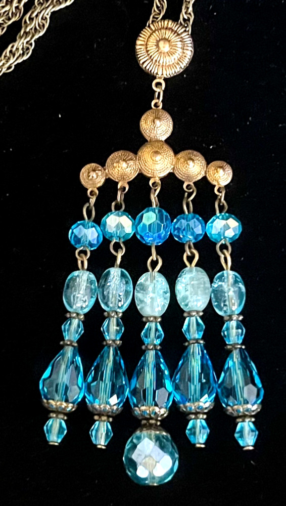 Art Nouveau Necklace Antique Aqua Crystal Chandelier Pendant German Glass