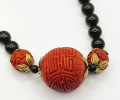 Asian Chinese Inspired Red Carved Cinnabar Black Onyx Bead Beaded Necklace 33 In