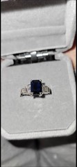 Vintage 18K White Gold Art Deco Sapphire Ring Emerald Cut Baguette Diamond Sz 6
