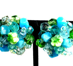 Vintage Gold Color ,Blue & Green Cluster Flower Bead Clip on Earrings