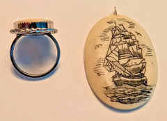 Vintage Scrimshaw Pendant with Ring and Scrimshaw Faux Pendant with Ear Rings