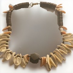 Vintage Coconut Disk Shell & Wood Beaded BOHO Island Large Statement Necklace