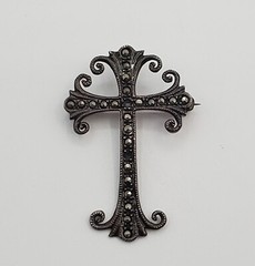 925 Marcasite Cross Brooch Pendant 1.75in Sterling Silver w Patina VTG FLAW