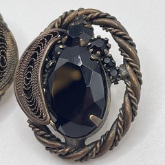 Earrings Vintage Ornate Black Glass Metal Onyx Style Jewelry Clip On
