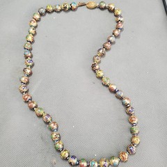 Vintage Chinese Cloisonne Enamel Bead Necklace 23″ Hand Knotted Floral Gold
