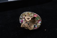 Vtg Domed Confetti Gold Tone Acrylic Resin Artist Made Adjustible Ring Fireworks