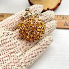 Vintage 1940’s Eisenberg Script E Signed Amber Clear Rhinestone Apple Brooch Pin