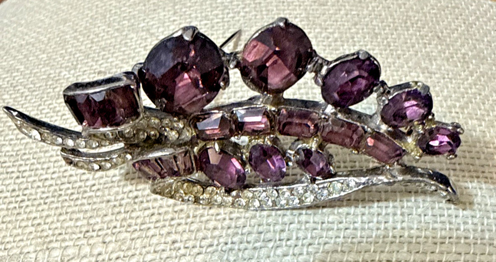 Vintage Joseph Wiesner NY amethyst & rhinestone brooch 2.75 Glamour Party Pin