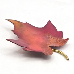 Vintage Enameled Copper Brooch Maple Leaf Red Orange Fall Autumn Pin Handcrafted