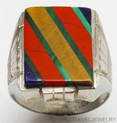 Antique Art Deco Lapis Malachite Multi Gemstone Inlay 10k Solid Gold Men’s Ring