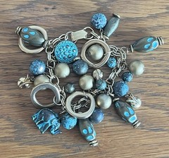 Vintage Charm Bracelet Blue Goldtone Elephant Beads Signed Roxsann