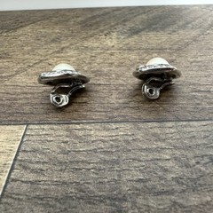 Vintage MONET Clip Earring Faux pearl PAVE crystal accent Silver tone .75 in