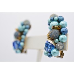 Japan Vintage Beaded Clip On Earrings Blue Crystal Cluster Chunky Signed BinU