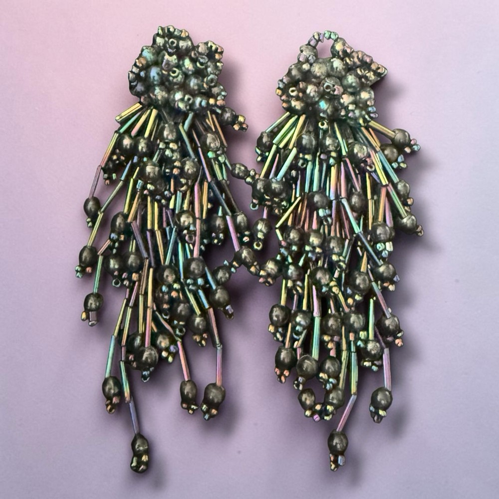 Statement Fringe Earrings Bugle Bead Oil Slick Pierced Vintage 1980s Runway