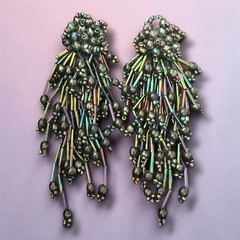 Statement Fringe Earrings Bugle Bead Oil Slick Pierced Vintage 1980s Runway