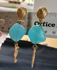 Vintage Gold Tone Seahorse Dangle Earrings Blue Sea Glass Bead Summer Jewelry