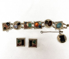 Kafin NY Bracelet and Earrings Demi Parure, Cabochon and Glass Stones, DBL Links