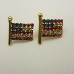 Vintage Flag Brooch Earrings Married Set USA Rhinestones Post