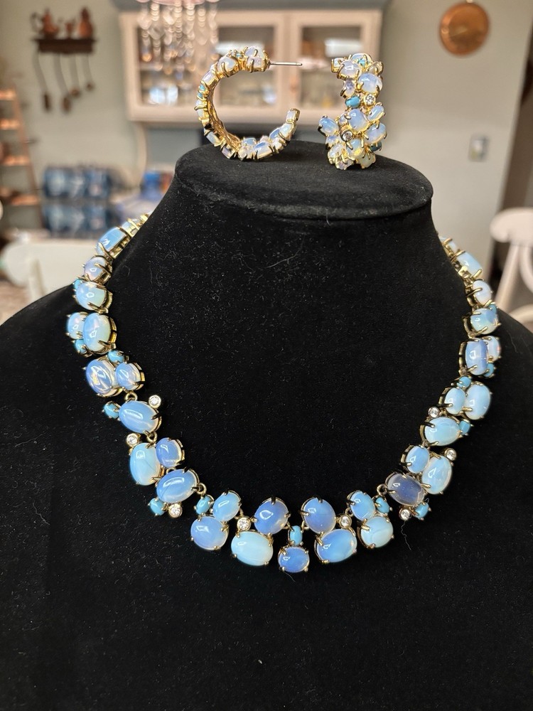 Vintage Glamorous Evening 14K Gold Filled Opalite Turquoise, Crystal 3 Pc Set.