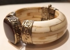 3 vintage India bone horn brass hinged clamper medallion cab gem bracelets