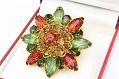 Spectacular Vintage Green Orange Navette Tri-Color Rhinestones Glass Brooch