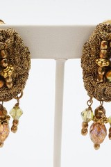 Vintage Clip On Earrings Gold Tone Glass Bead Mesh