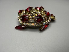 Brooch Turtle Figural Red Rivoli & Clear AB Rhinestone Large 2.25″ Vintage 1960s