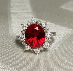 925 Sterling Silver Red & White CZ Halo Ring Size 8 Oval Statement Cocktail