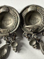 Ben Amun Signed Silver Tone Engraved Medallion Earrings W Three Teardrop Dangles