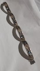 Signed Mexico 925 Aztec Sunstone + abalone inlay art snap clasp 8″ bracelet 18 G