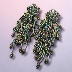 Statement Fringe Earrings Bugle Bead Oil Slick Pierced Vintage 1980s Runway