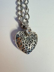 Vintage Antique Silver Tone Filigree Openwork Puff Heart Rhinestone Necklace