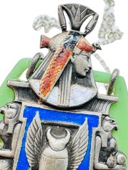 Antique French Egyptian Revival Winged Scarab Galalith Enamel Pendant Necklace