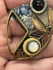 Signed Art Craft Modern Mixed Metal Brooch With Gemstone 1 3/4″