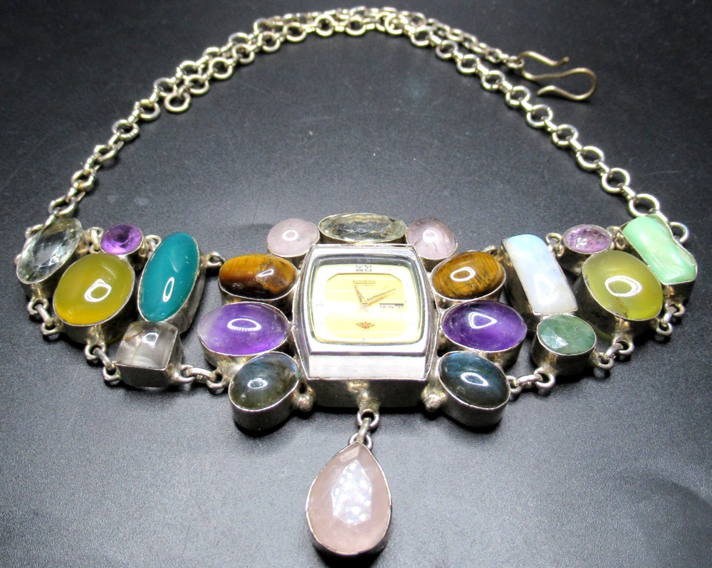 Gorgeous Genuine Gemstone Vintage Watch Face Necklace