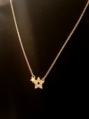Signed & Goldtone Double Star And Rhinestone & Necklace. 18″ adjustable length