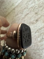 An authentic Victorian Black Onyx ring Intaglio 14k Rose Gold from 1886 size 9.5