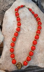 Vintage Beaded Necklace Red Gold Tone Statement Brass Focal Bead 25″