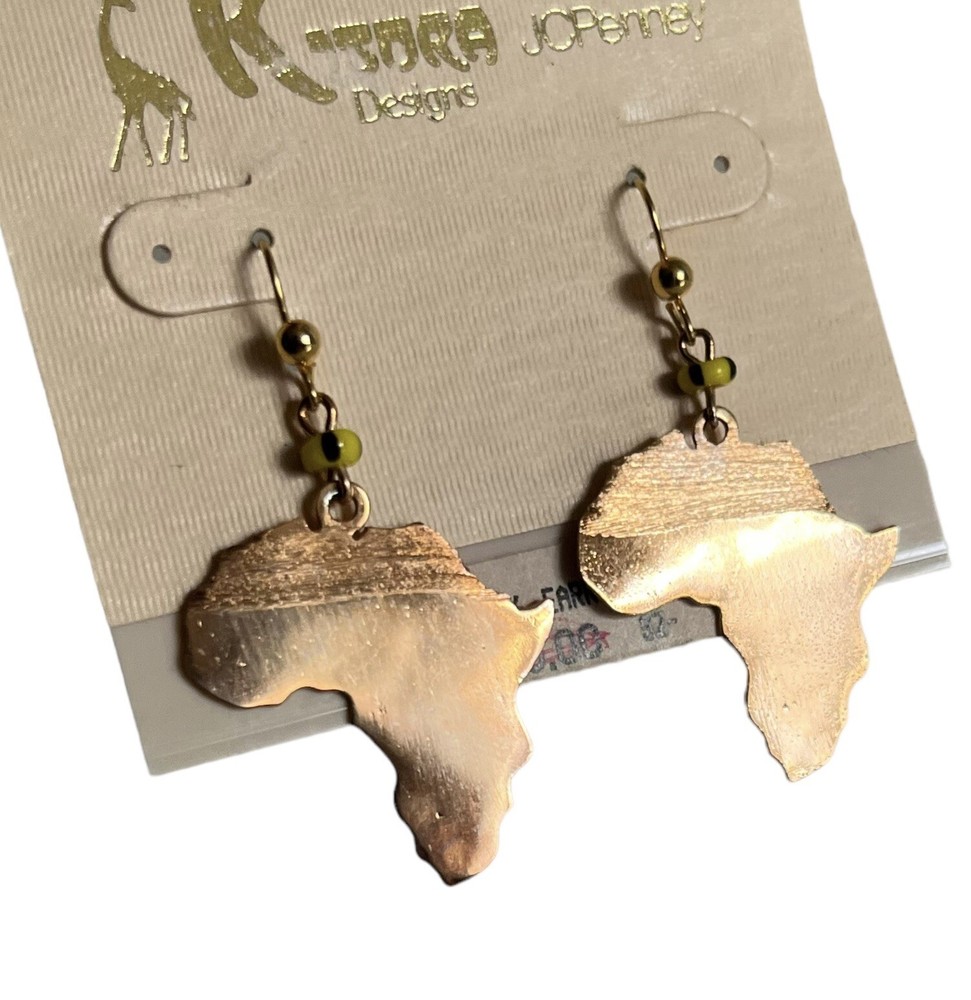 Vtg 80s JCPenney Africa African Continent Earrings NEW Old Stock Gold Toned
