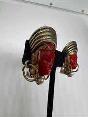 Vintage Mid Century Selro Selini Asian Princess Face Red Lucite Clip Earrings