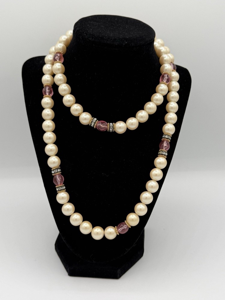 Vintage Monet faux pearl purple beaded necklace – 36” In Length