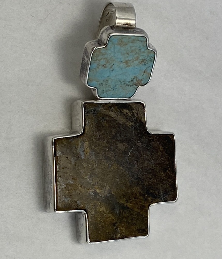Large Pendant Square Double Cross Howlite & Bronzite Blue Brown 2 3/4″