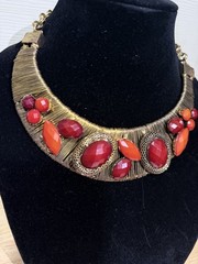 Vintage Red & Orange Statement Necklace Gold Tone Bib Collar