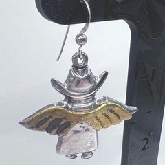 Vtg Sterling Silver Mexico Cowboy Angel Dangle Earrings Two Tone Wings Hat