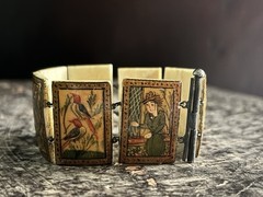 Antique Persian Hand Painted 8-Panel Story Bracelet on Bone Pin & Barrel Lock